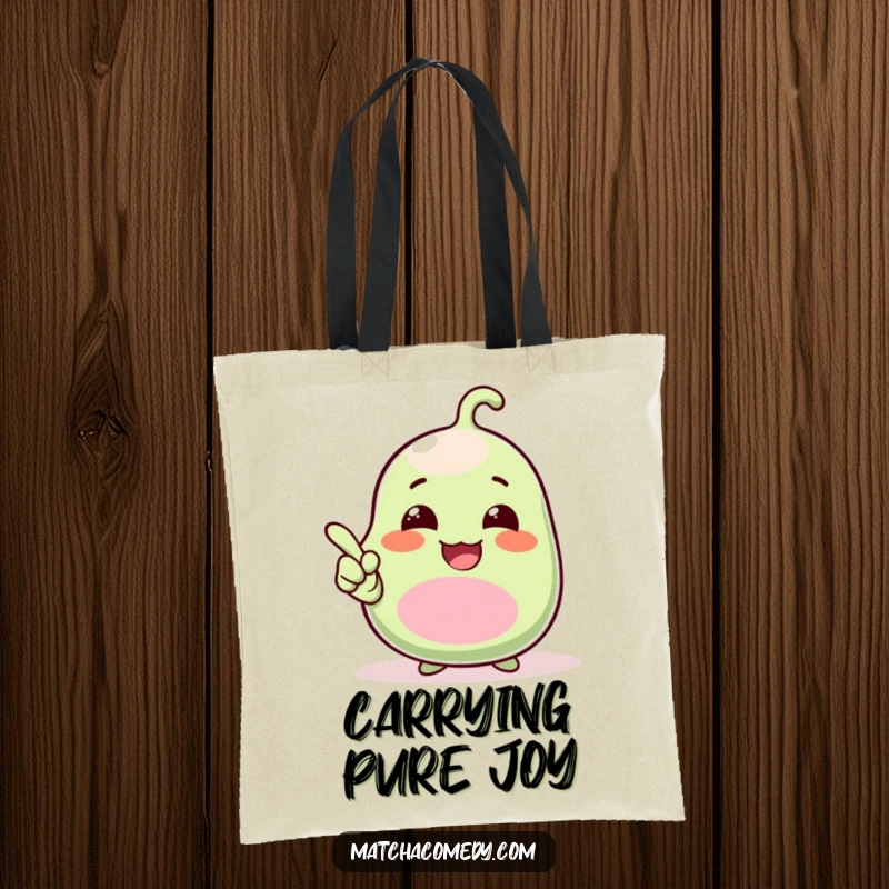Funny Tote Bag featuring a happy giggling kawaii matcha bean enthusiastically pointing upwards, radiating playful energy and humor.