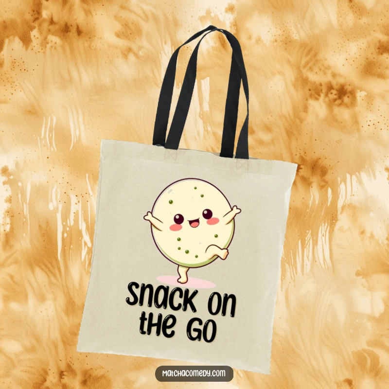 Funny Kawaii matcha cookie tote bag in a cartwheeling pose, a cute and humorous accessory for carrying daily essentials, excellent for gifting.