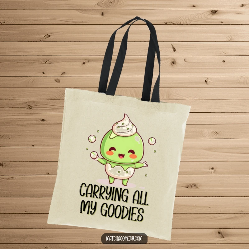 Funny Kawaii Matcha Dessert Tote Bag: Durable and humorous, featuring a cute character juggling small matcha balls with skill.