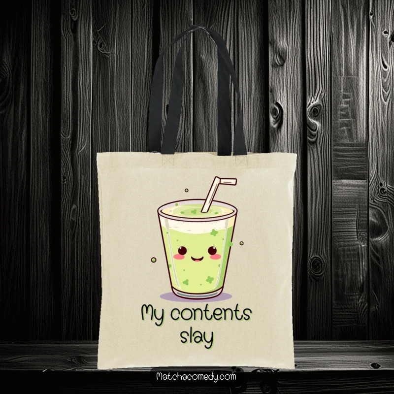 Funny Kawaii matcha drink with a straw caught mid-mic drop on this versatile and humorous tote bag.