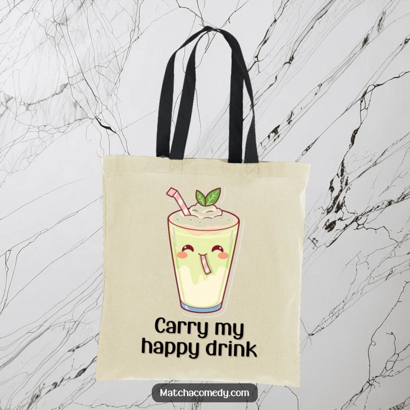 Funny Kawaii Matcha Latte Sipping Tote Bag: A happy matcha latte with a tiny straw, perfect for carrying treats.