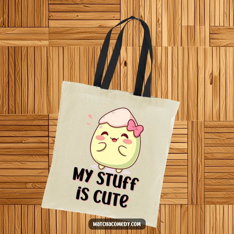 Funny Kawaii matcha mochi in a comical pose adorns this handy and humorous tote bag.