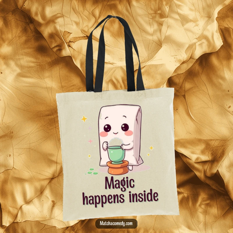 Funny Kawaii matcha powder bag performing a magic trick on this practical and charming tote bag.