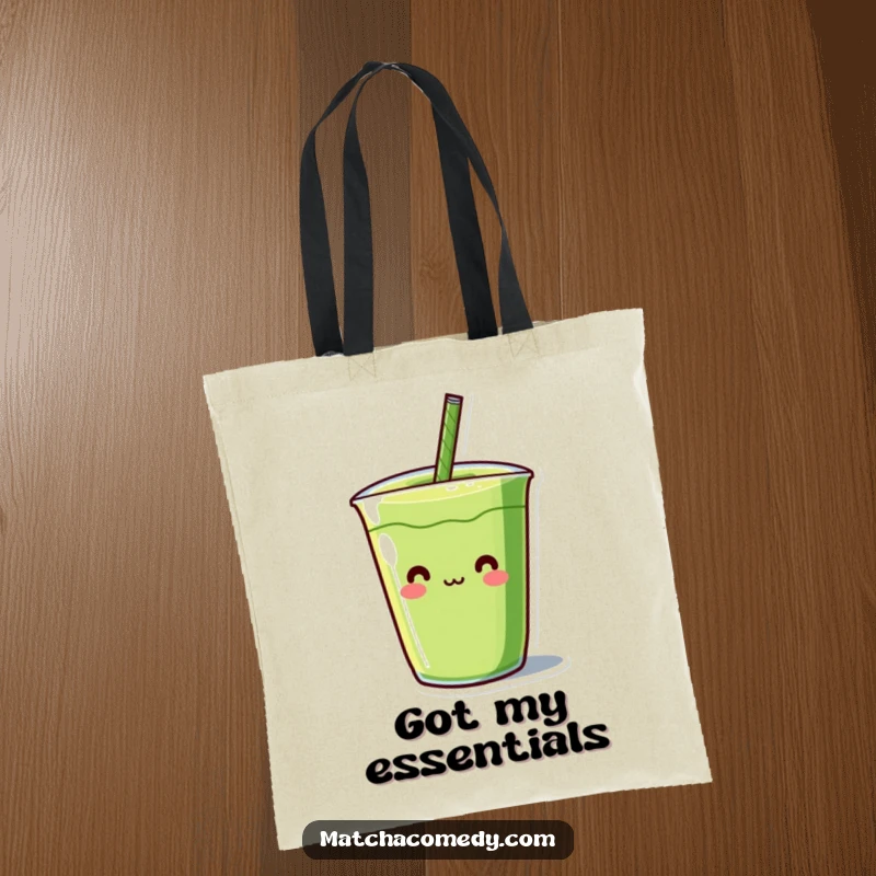 Funny Kawaii matcha beverage character with a comically large straw, sturdy canvas, perfect for shopping or beach trips.