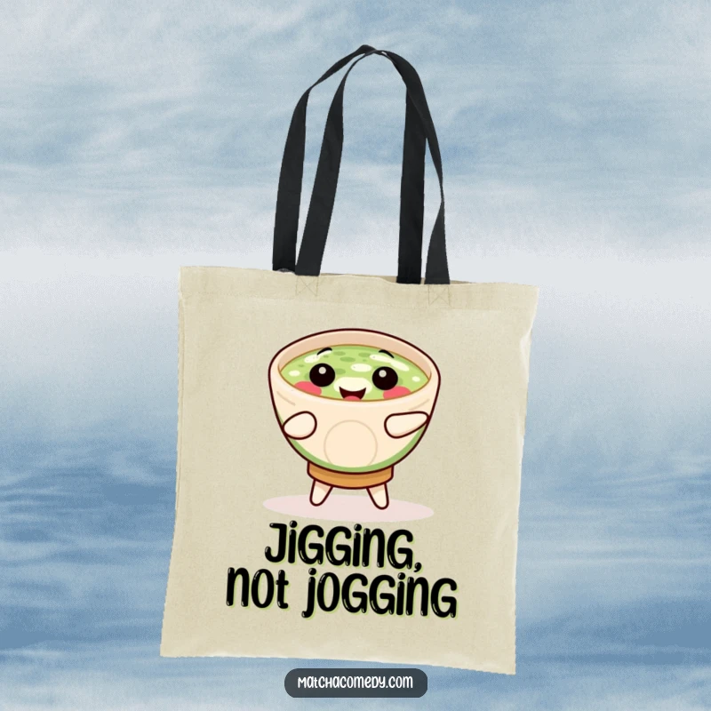 Funny matcha bowl in a lively jig, showcased on a durable tote bag, ready for any adventure.