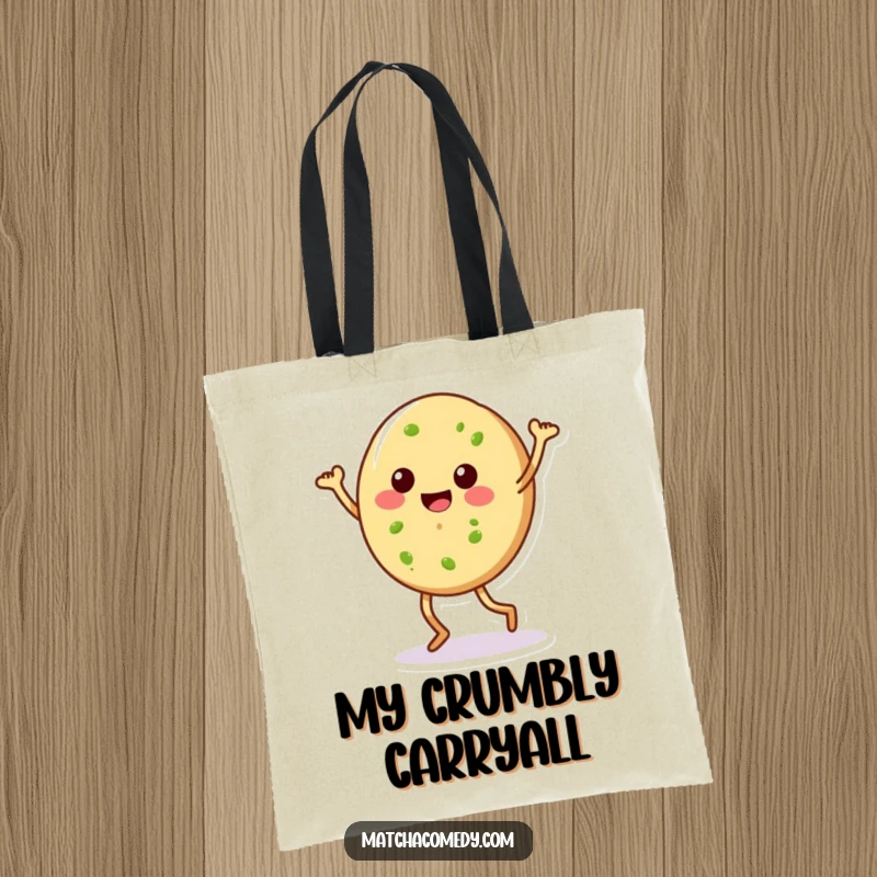 Funny matcha cookie with legs in a silly dance pose, printed on a durable tote bag. A functional and humorous accessory.