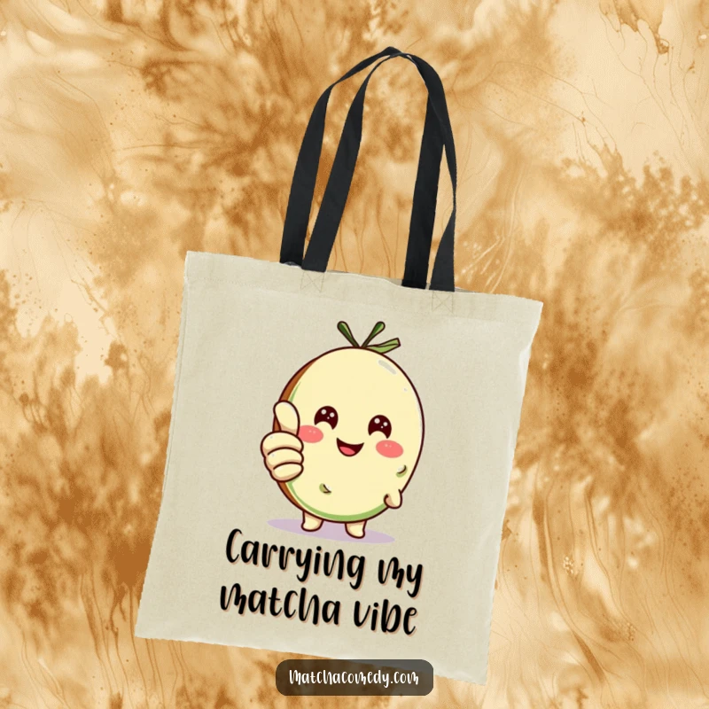 Funny matcha cookie character giving a thumbs up, printed on a durable tote bag, excellent for shopping and humor.