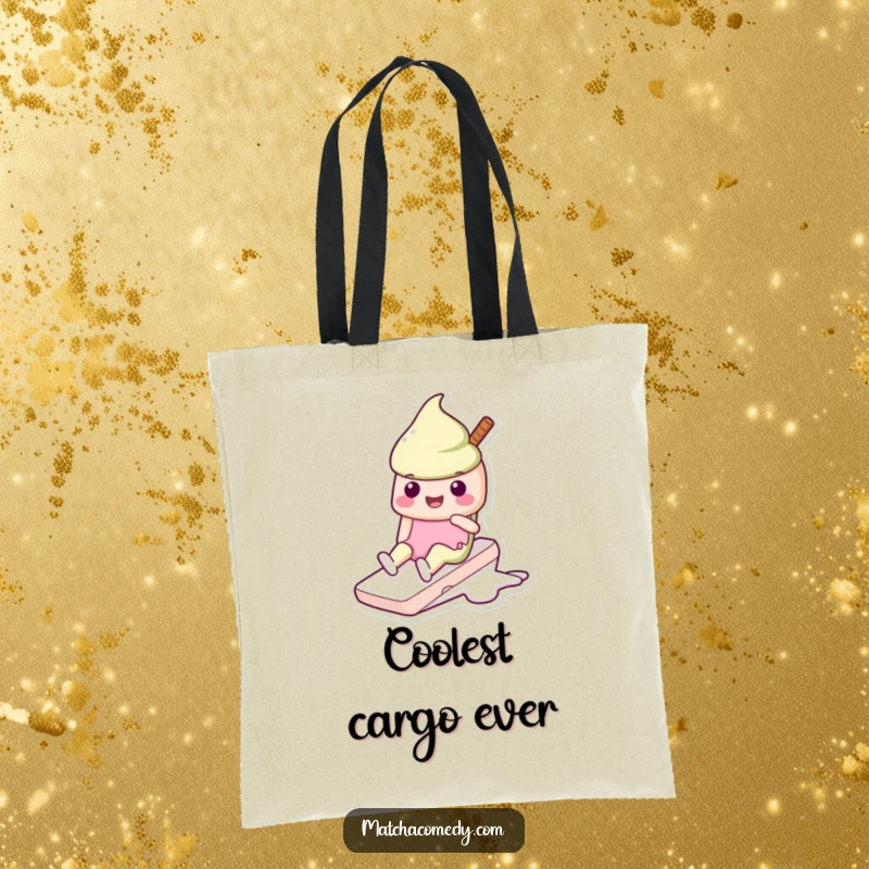 Funny Kawaii matcha ice cream bag tote with a character happily sliding, perfect for daily use and errands.