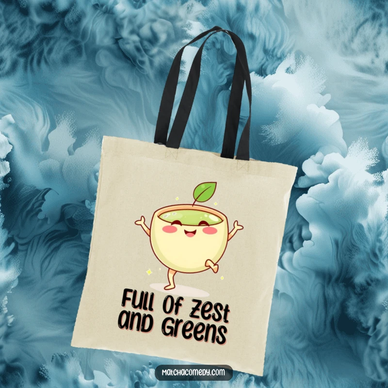 Funny tote bag showcasing a smiling matcha bowl with tiny legs performing a spirited celebratory kick, full of zest.