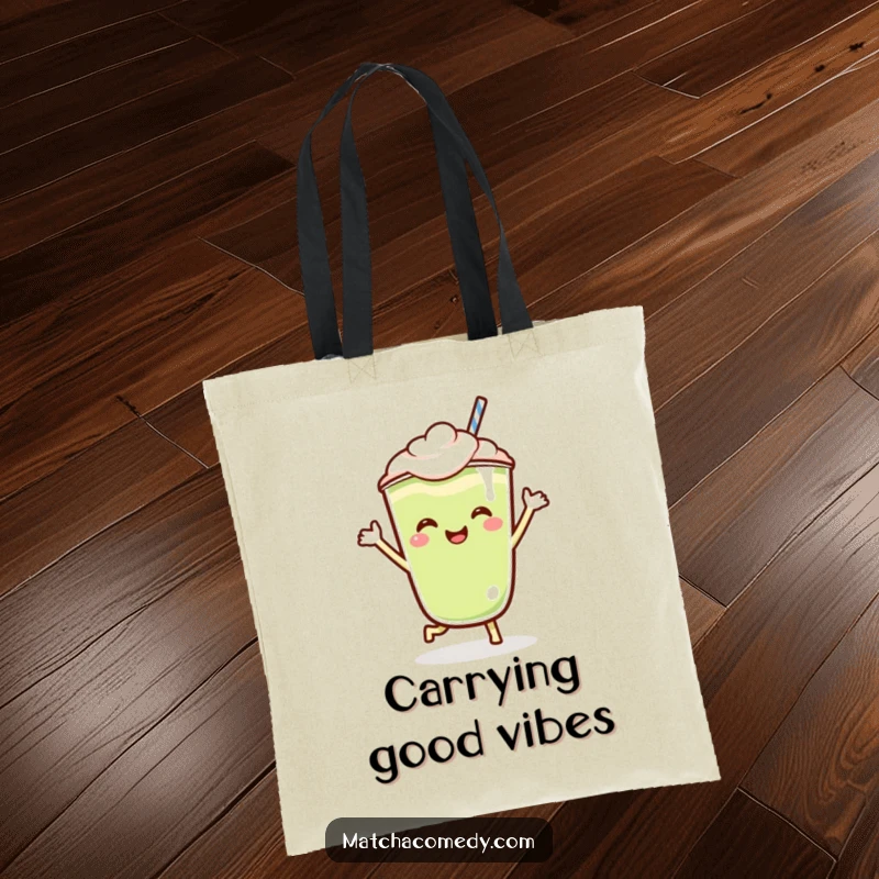 Funny Kawaii matcha latte tote bag with a dancing character, ideal for carrying groceries or daily items with a smile.