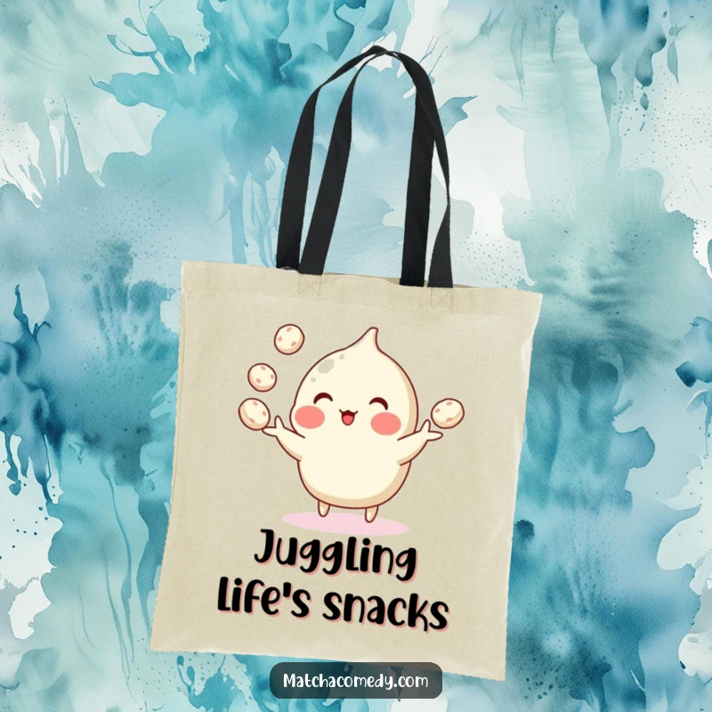 Funny tote bag illustrating a matcha confection skillfully juggling tiny mochi, ideal for carrying essentials with a smile.