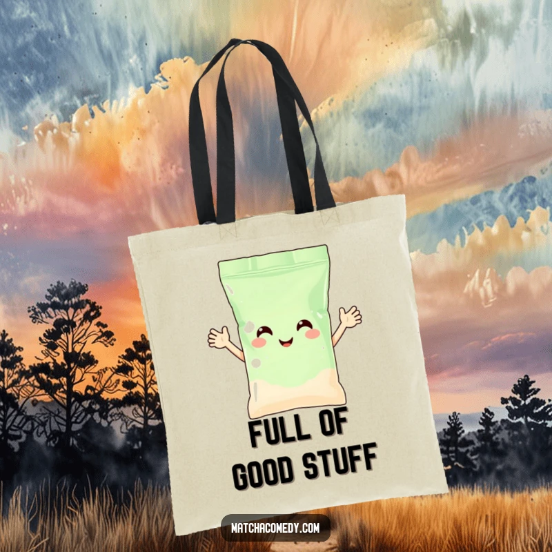 Funny matcha powder bag with arms waving happily, printed on a durable tote bag. A functional and humorous accessory.