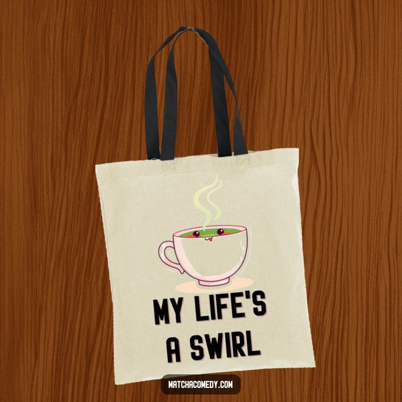 Funny matcha tea cup character peacefully stirring, perfect for carrying daily items with a touch of serene humor on this tote bag.