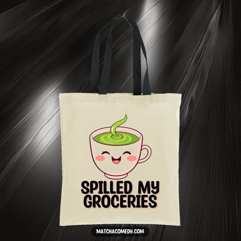 Funny laughing kawaii matcha tea cup with smiley face, spilling green liquid, tote bag.