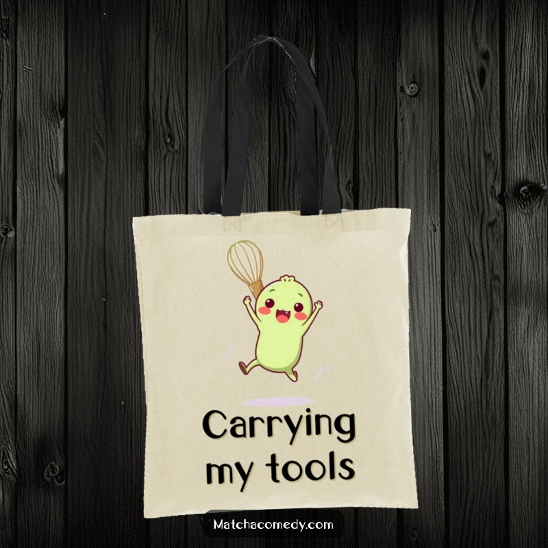 Funny tote bag showcasing a small, anthropomorphic matcha whisk in a dynamic acrobatic pose, full of playful energy.