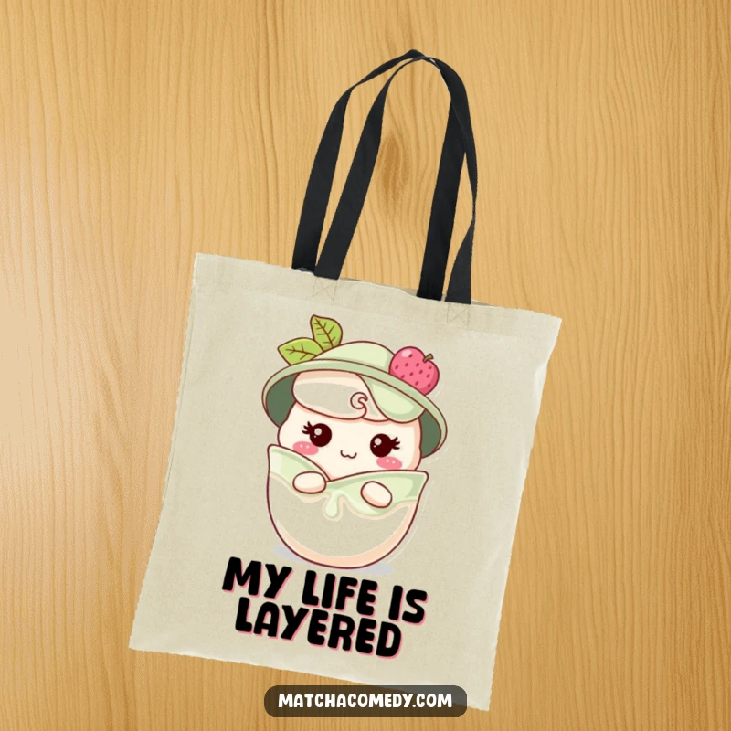 Funny matcha parfait tote bag with a character peeking from layers with a cheeky grin, perfect for carrying essentials, a cute funny gift.