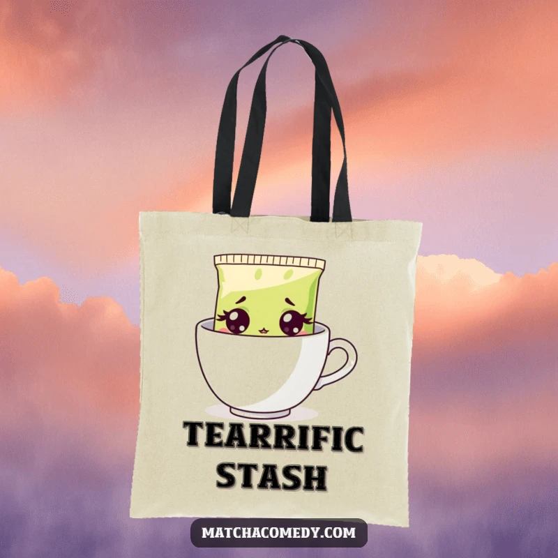Funny surprised matcha tea bag design on a durable tote bag, peeking from a steaming cup, a humorous and practical gift.